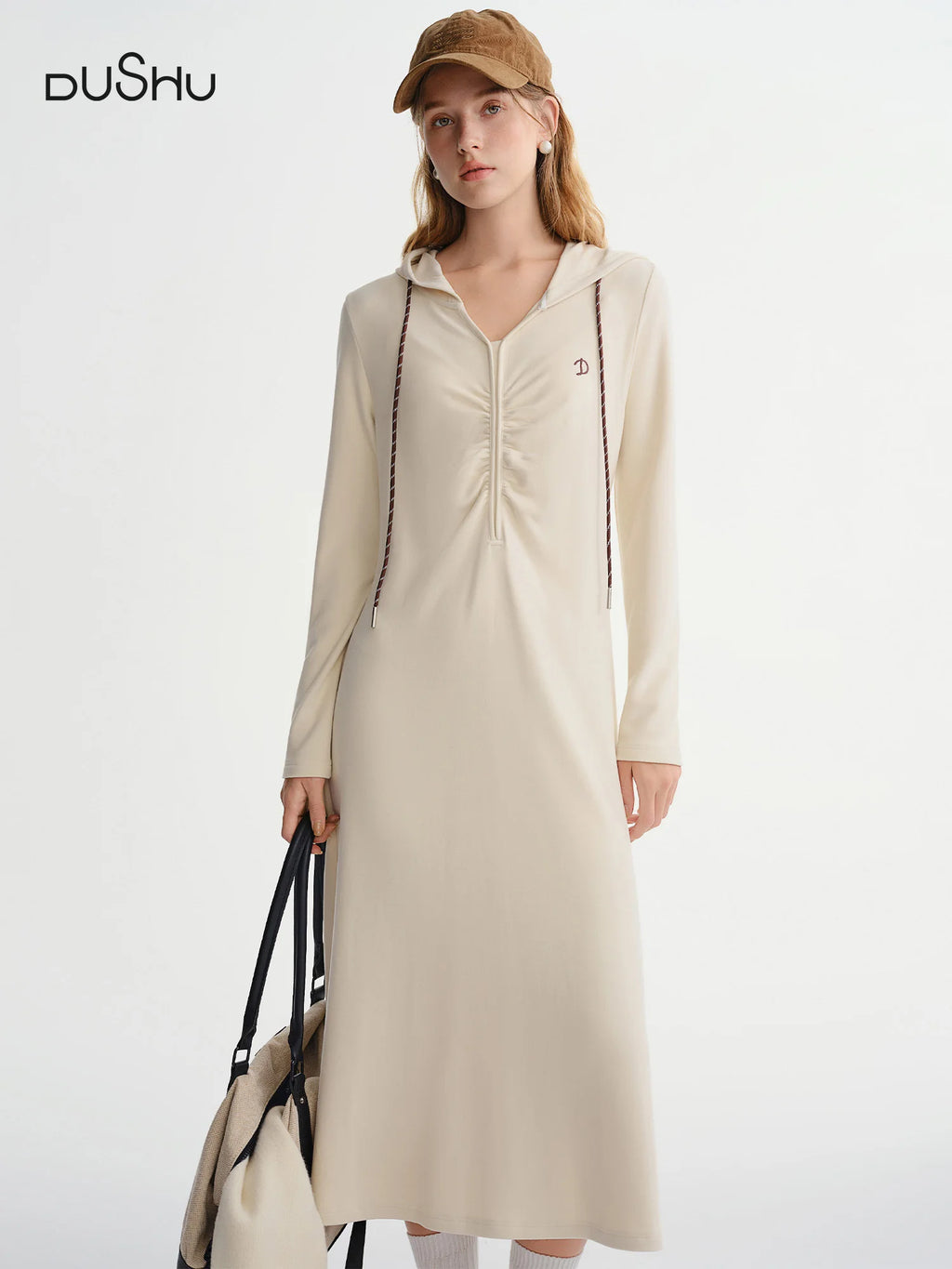 DUSHU Plus-size Women's Casual Hooded Pleated Waist Dress - Winter 2025 from the Active Moments Collection Stylish Flattering