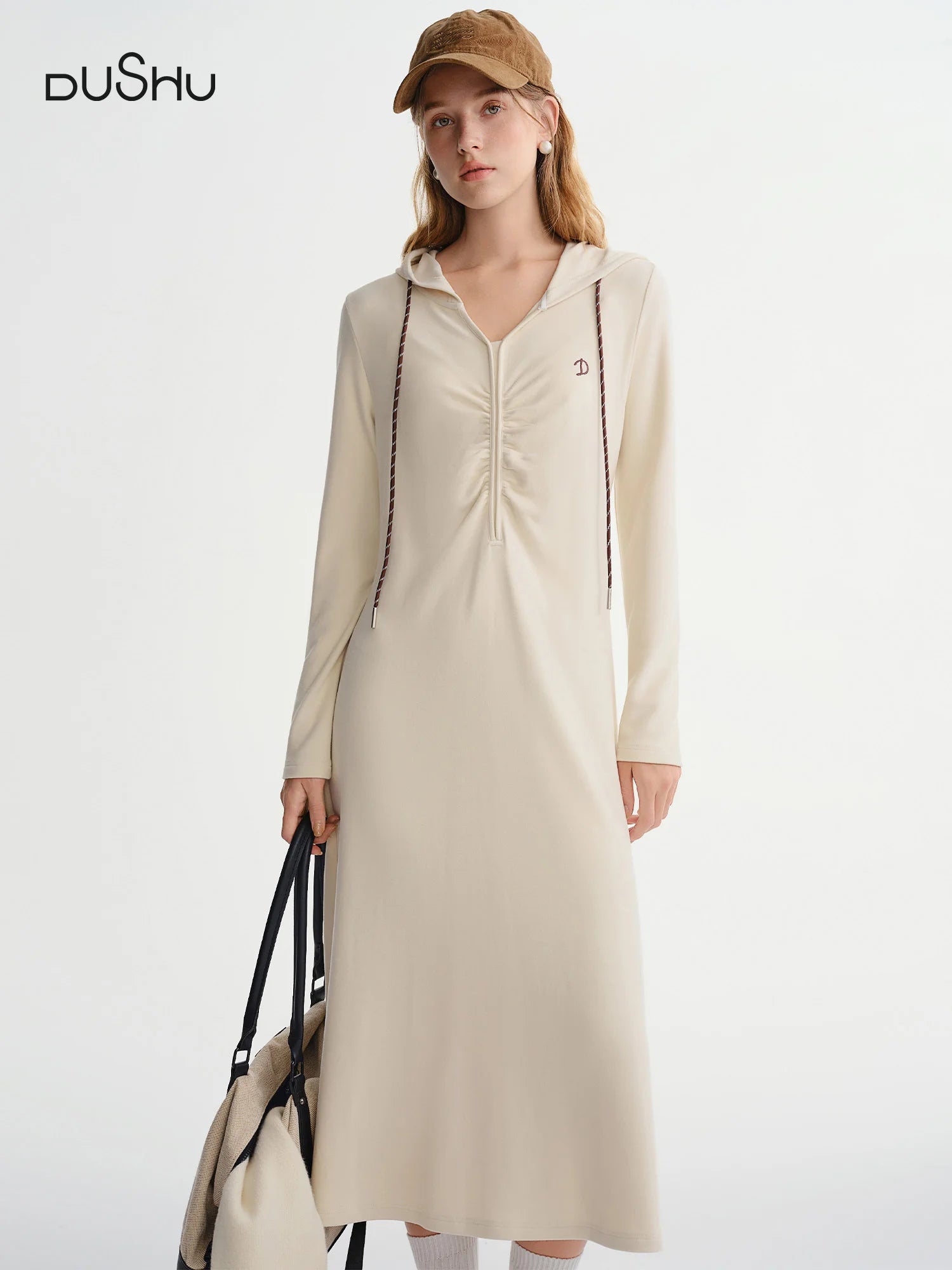DUSHU Plus-size Women's Casual Hooded Pleated Waist Dress - Winter 2025 from the Active Moments Collection Stylish Flattering
