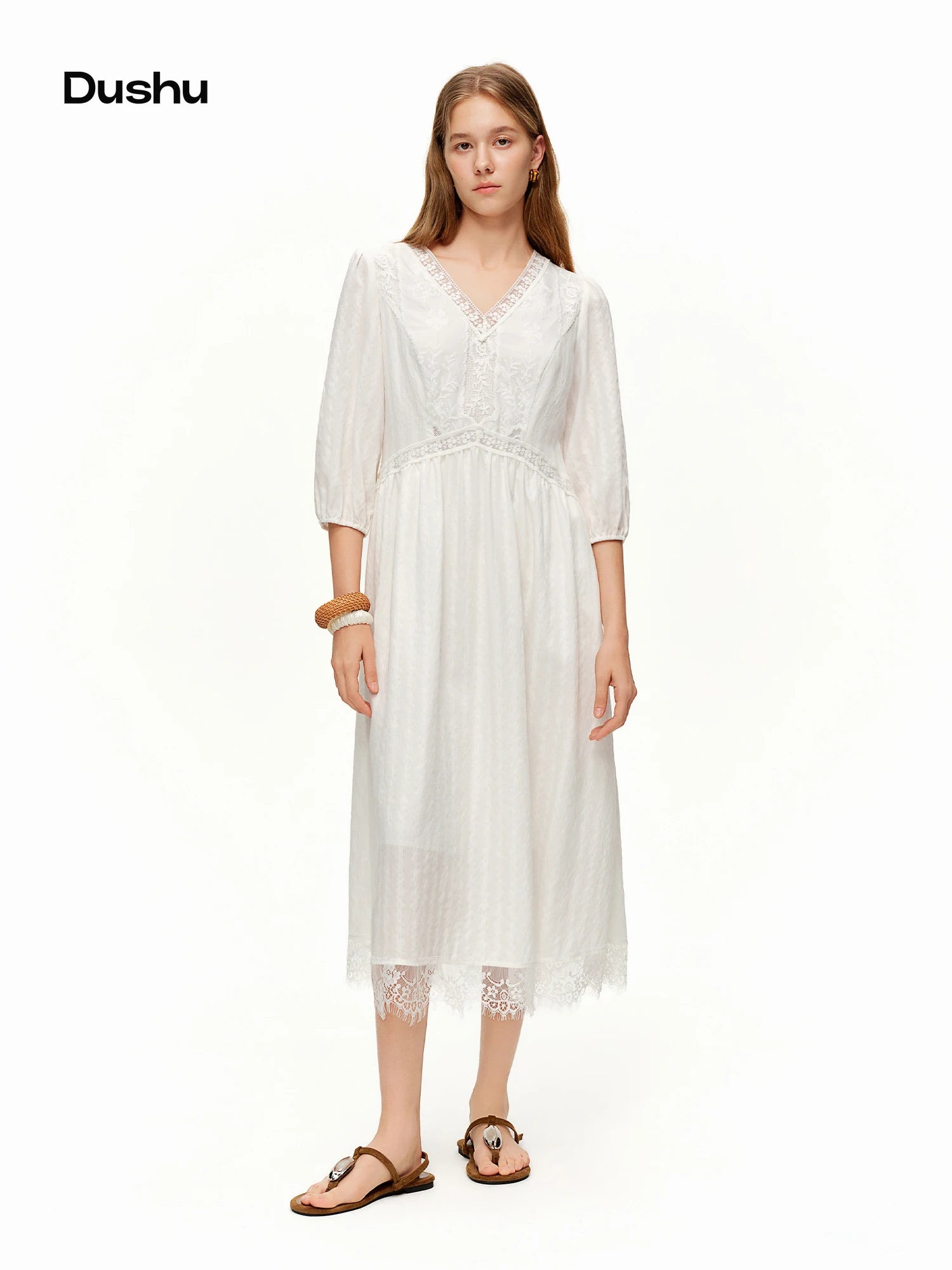 DUSHU 2026 Spring Women's Lace Panel V-Neck A-Line Dress - Flattering Slim Fit Office Commute Mid-Length Elegant Dress