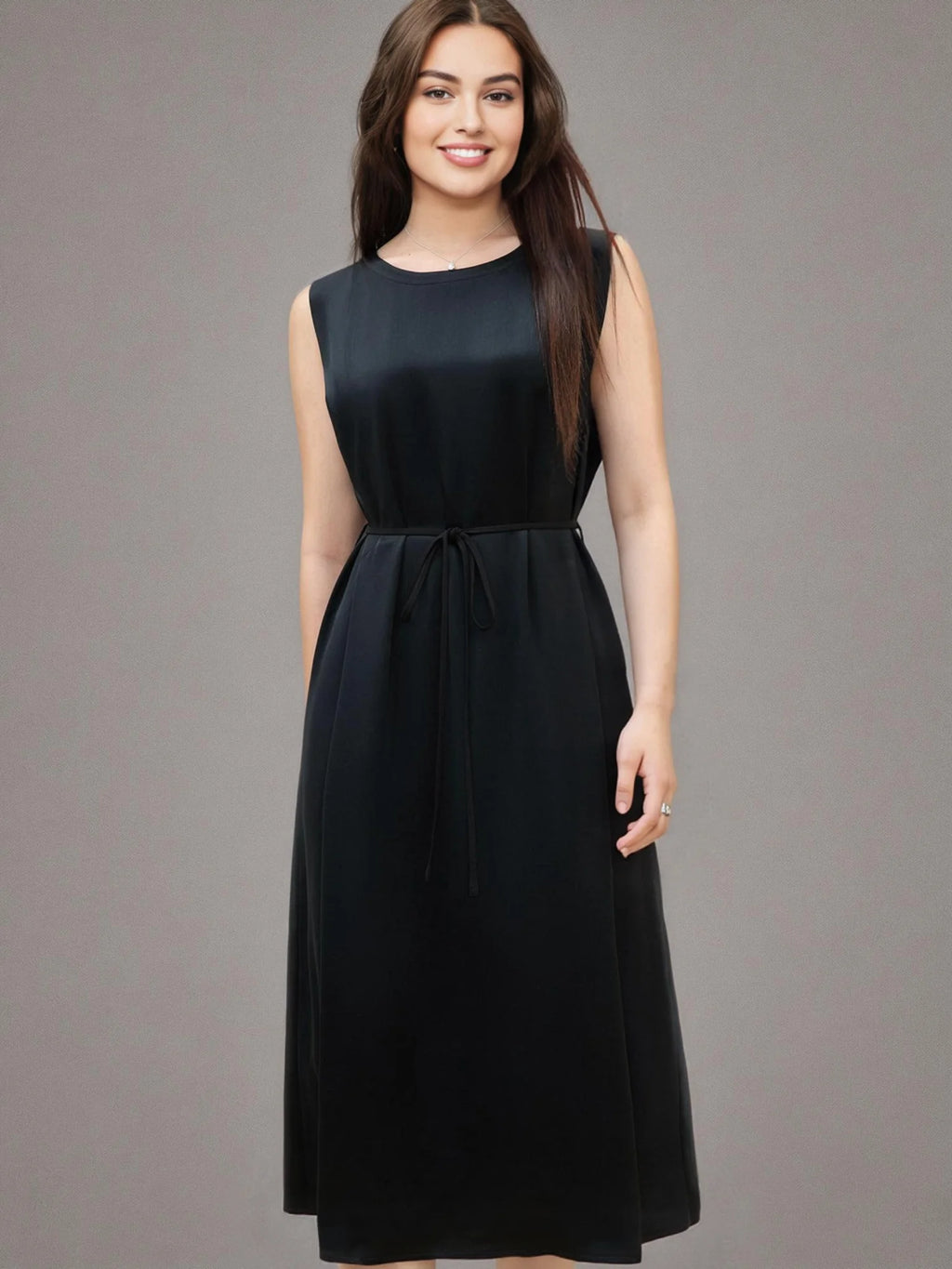 DUSHU Plus Size Acetate Long Black Dress 2025 Summer New Arrival Commuting Temperament Sleeveless Vest Dress for Women 25DS82501