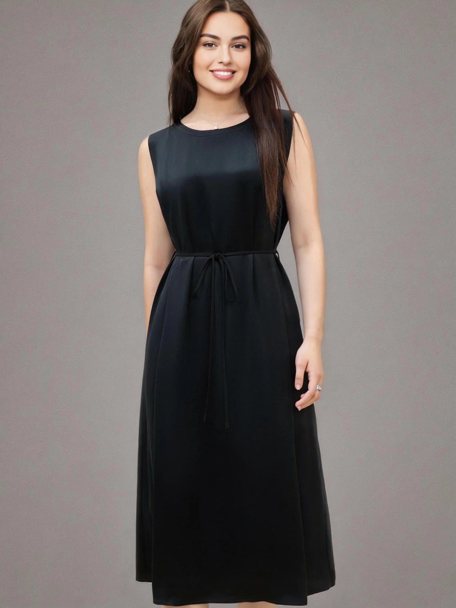 DUSHU Plus Size Acetate Long Black Dress 2025 Summer New Arrival Commuting Temperament Sleeveless Vest Dress for Women 25DS82501