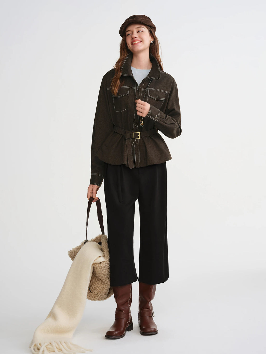 DUSHU Waist Bag Decorated Pleated Three-quarter Wide-leg Pants 2025 Winter Casual Pants Women Retro Casual Ins French Style