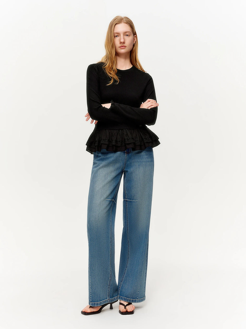 DUSHU Spring Women's Round Neck Ruffle Trim Knitted T-Shirt - Flattering Ribbed Texture Base Layer for Casual and Layering Wear