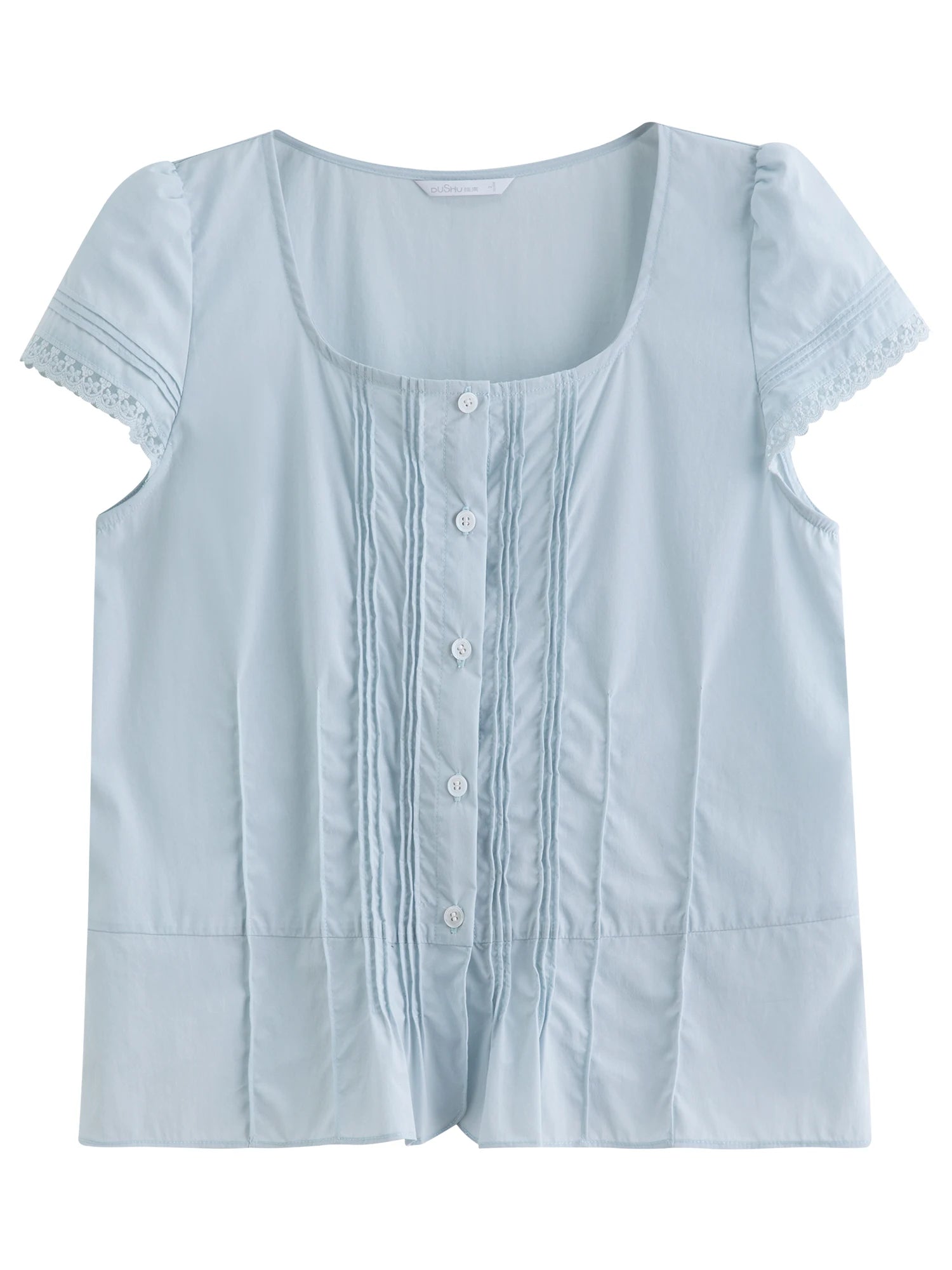 DUSHU French Style Square Collar Lace Stitching Pleated Blouse For Women 2025 Summer New Simple French Style Tops 25DS82821