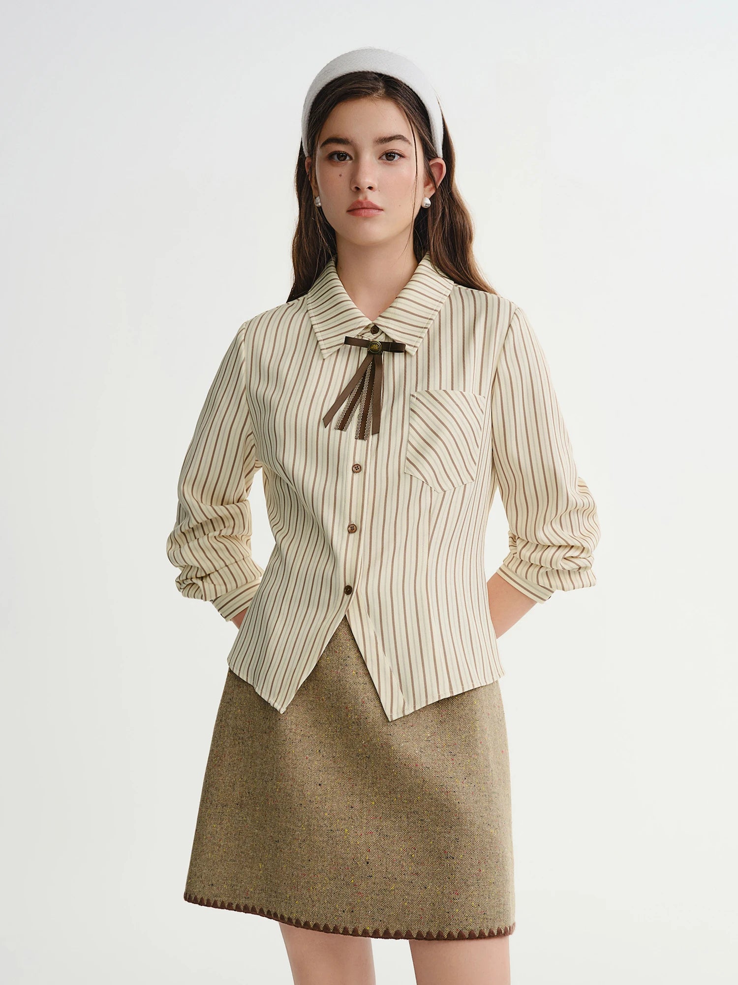 DUSHU Plus Size Women's Clothing Coco Layers Vintage College Style Caramel Striped Shirt Winter Commuter Top 2025 New Shirts