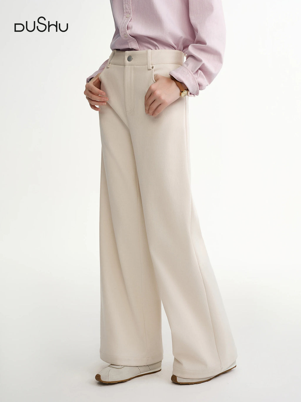 DUSHU Chenille Velvet Wide-leg Casual Pants 2025 Winter Loose Straight Pants Simple Commuting All-match Leisure Warm Soft