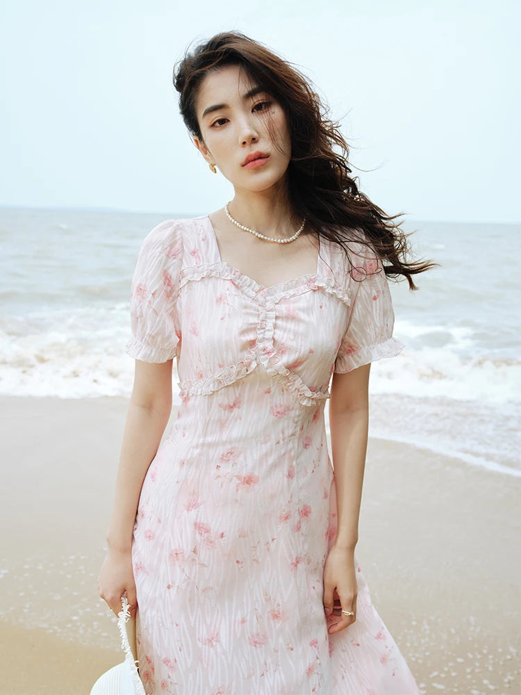 DUSHU Floral Long Dress Summer Women Elegant Cotton Print Dresses Boho V-Neck Casual A-LINE Dress 24DS82471+24DS82438
