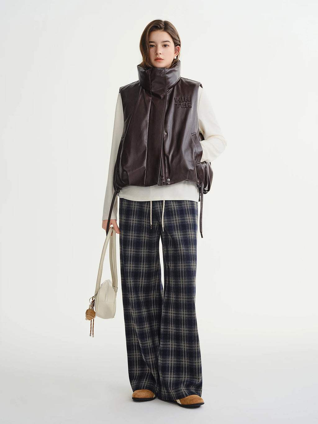 DUSHU 2025 Autumn Winter Women's Plaid Casual Trousers - Loose Fit with Drawstring Waist Retro Style for Everyday Comfort