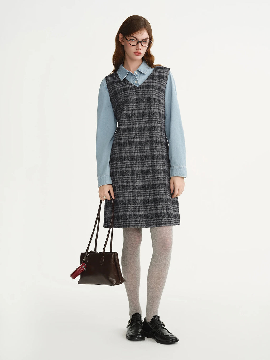 DUSHU Plus-Size Women Green Notes Crossbody Bag Embellished Plaid Vest Dress 2025 Winter New Arrival Only Vest Dresses With Bag