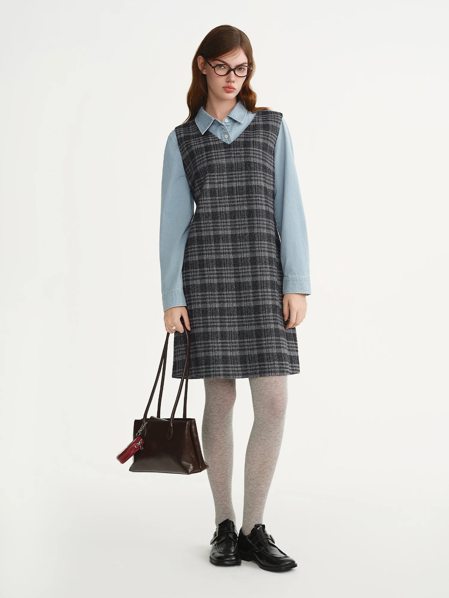DUSHU Plus-Size Women Green Notes Crossbody Bag Embellished Plaid Vest Dress 2025 Winter New Arrival Only Vest Dresses With Bag