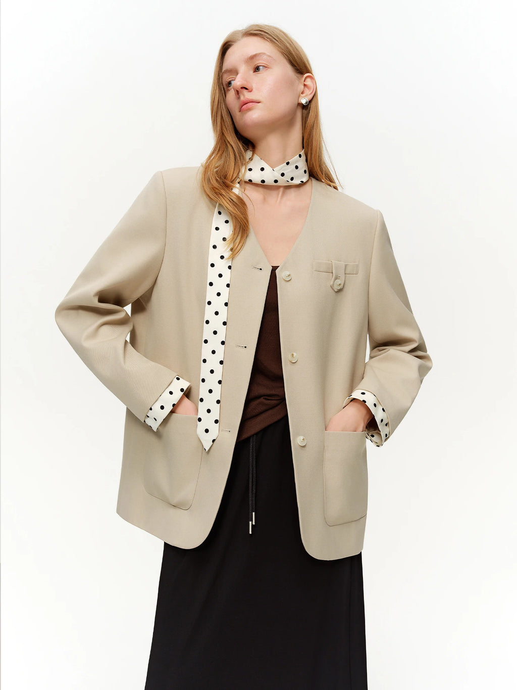 DUSHU 2025 Women's Black Polka Dot Blazer Spring New V-Neck Ribbon Bow Tie Long Sleeve Slim Jacket Retro Office Chic Outerwear