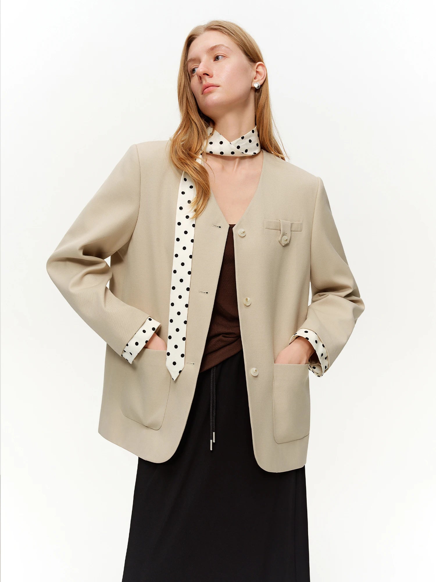 DUSHU 2025 Women's Black Polka Dot Blazer Spring New V-Neck Ribbon Bow Tie Long Sleeve Slim Jacket Retro Office Chic Outerwear