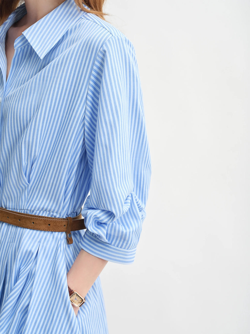 DUSHU Blue and White Striped Design Pleated Three-quarter Sleeve Waist Shirt Dress 2025 Autumn New Products 25DS83170