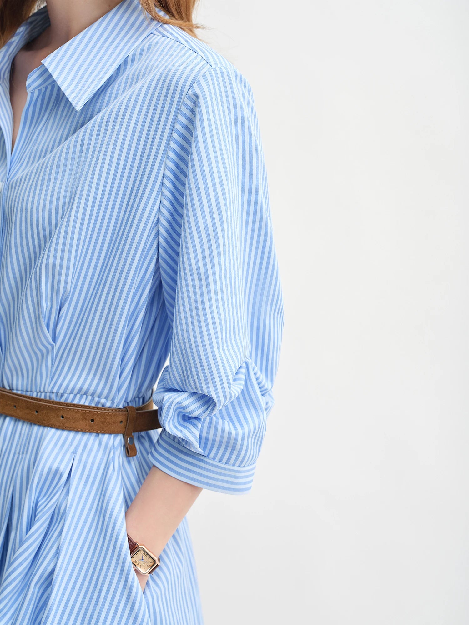 DUSHU Blue and White Striped Design Pleated Three-quarter Sleeve Waist Shirt Dress 2025 Autumn New Products 25DS83170