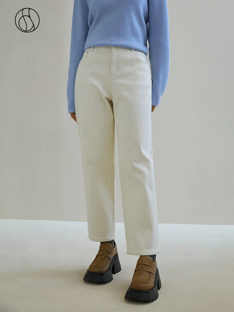 DUSHU 94.3% Cotton Denim White Women Tapered Jeans 2023 Winter New Casual Brushed Fleece Smoke Gray Women Jean Cropped Pants