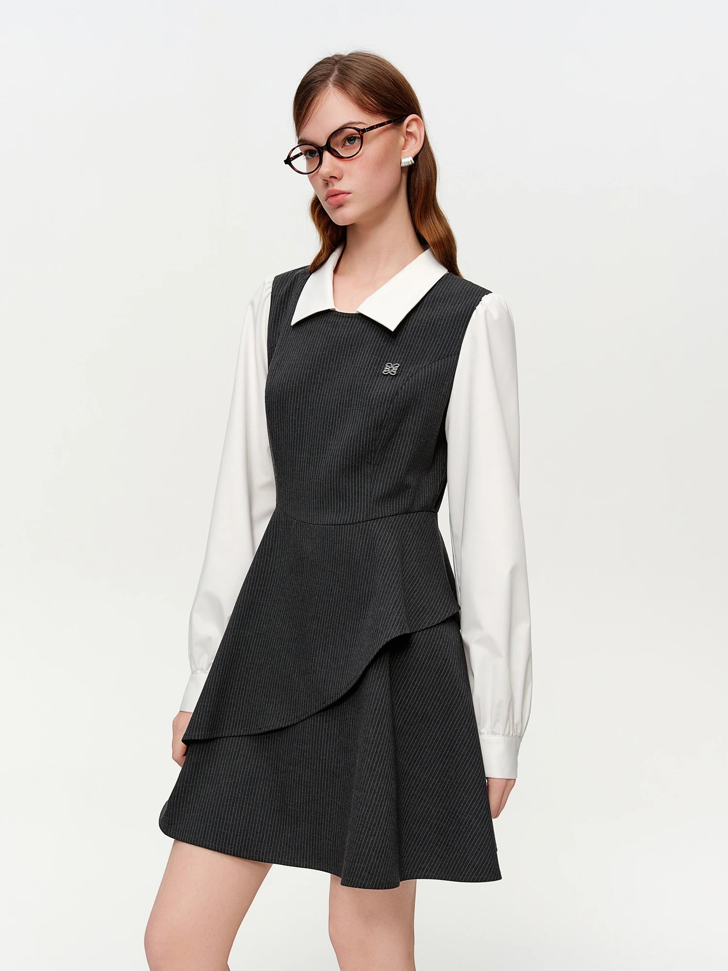 DUSHU Preppy Style Fake Two-piece Dress Women New Spring Style Waist-cinching and Slimming Mini Dress Long Sleeve