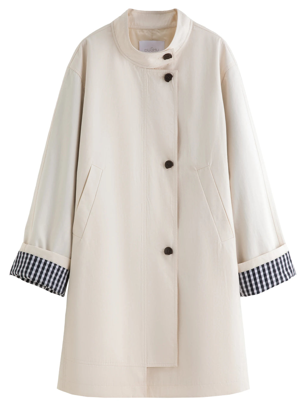 DUSHU Autumn 2025 Women's Stand Collar Trench Coat - Relaxed Fit Plaid Patchwork Loose Outerwear Casual Windbreaker Top