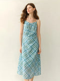 DUSHU Plus Size Retro Plaid Pleated Strappy Dress For Women 2025 Summer New Arrival V-neck High Waist Slimming Dress 25DS82481