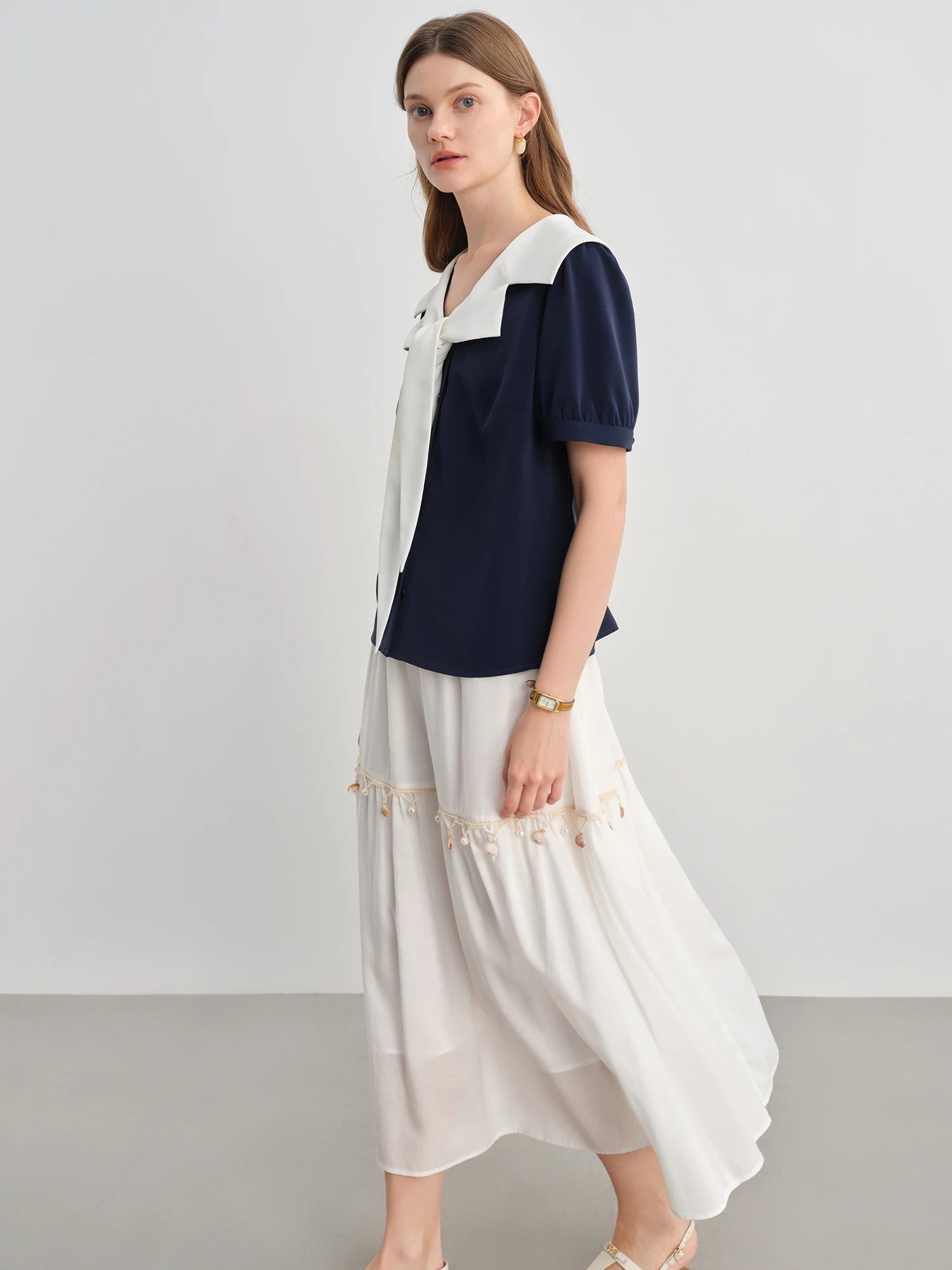 DUSHU Plus Size Women's Nautical Style Navy Collar Contrast Shirt 2025 Summer New Slim All-match Short-sleeved Top 25DS82363