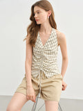 DUSHU Women's Sleeveless Plaid Pleated Blouse with Strapless Neckline 2025 Slimming Stylish Women's Top 25DS82578