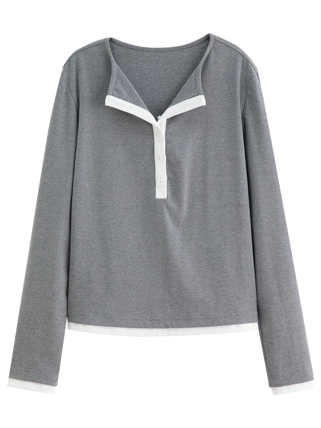 DUSHU Autumn 2025 Women's Long Sleeve T-Shirt - Contrast Colorblock Henley Neck Top with Breathable Fabric for Office Casual