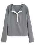 DUSHU Autumn 2025 Women's Long Sleeve T-Shirt - Contrast Colorblock Henley Neck Top with Breathable Fabric for Office Casual