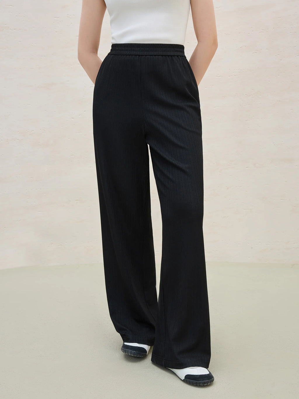 DUSHU Minimalist Style Black Stretch Women Wide-leg Pants 2025 Summer New Arrival Versatile Casual Chic Trousers 25DS82237