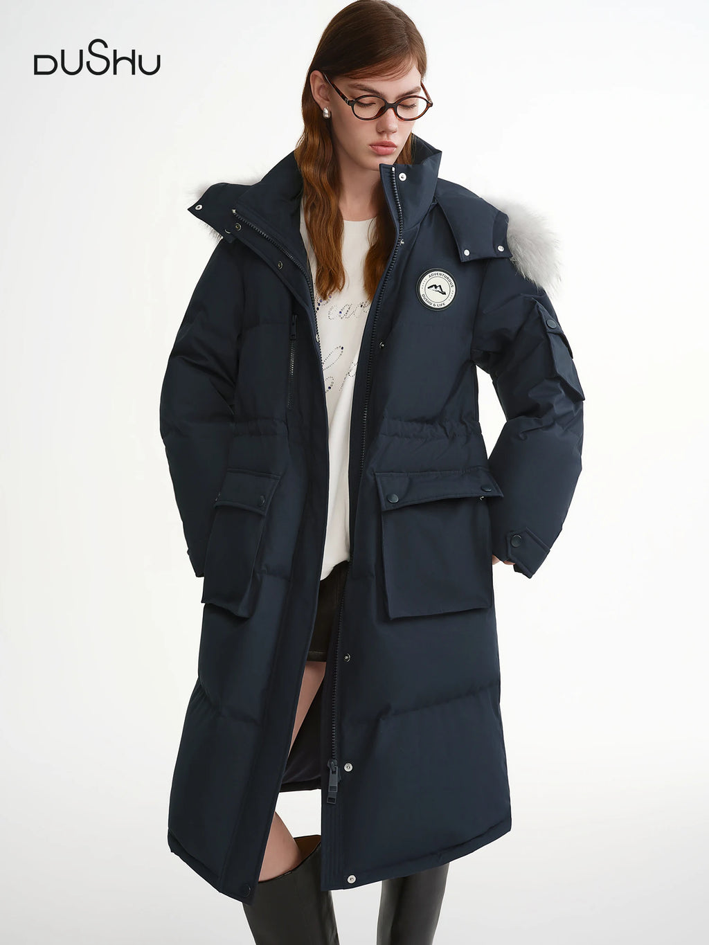 DUSHU Plus-Size Women's Snowfield Stroll Long Down Parka with Raccoon Dog Fur Collar 2025 Winter New Arrival Blue Down Coats