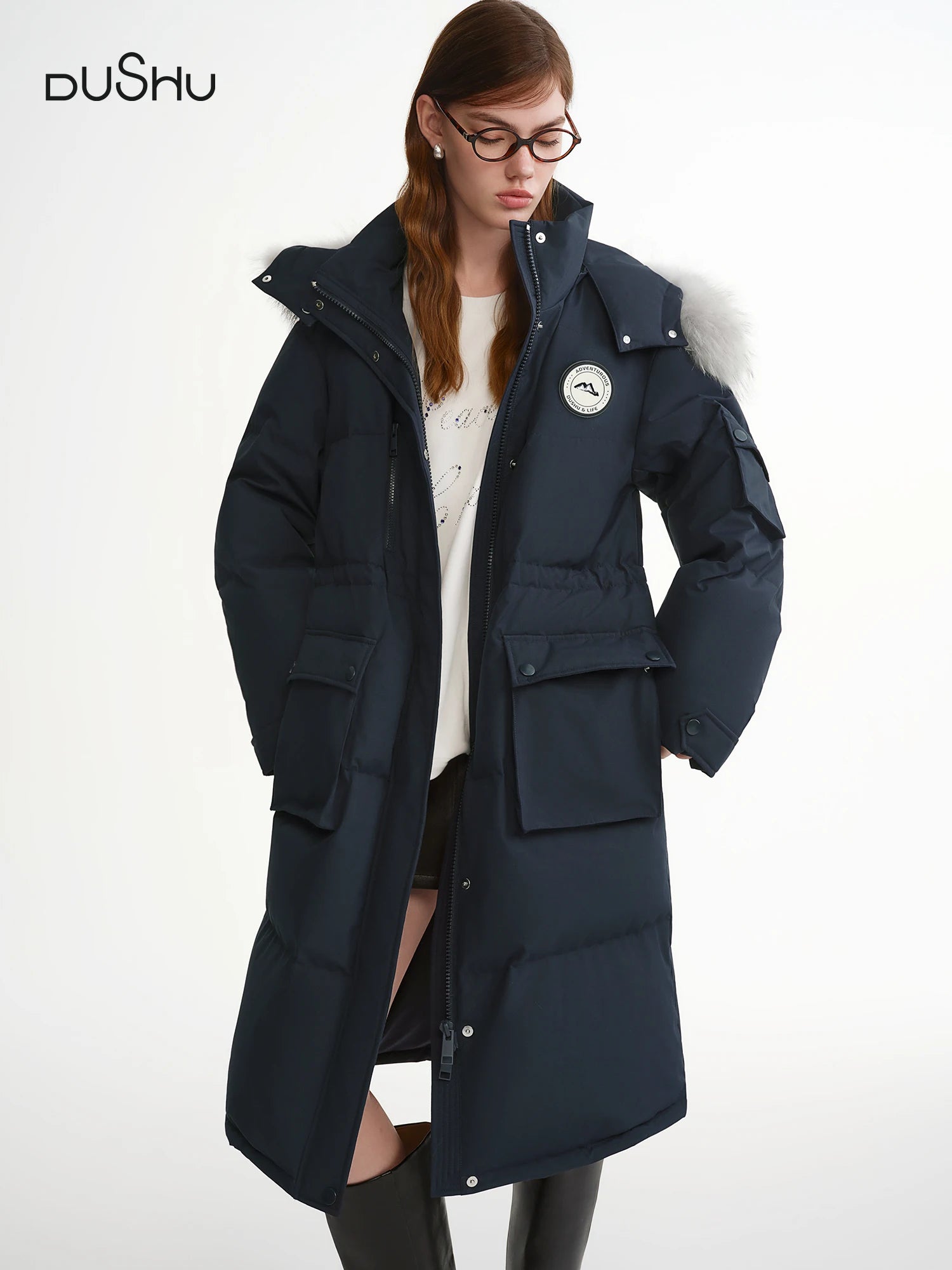 DUSHU Plus-Size Women's Snowfield Stroll Long Down Parka with Raccoon Dog Fur Collar 2025 Winter New Arrival Blue Down Coats