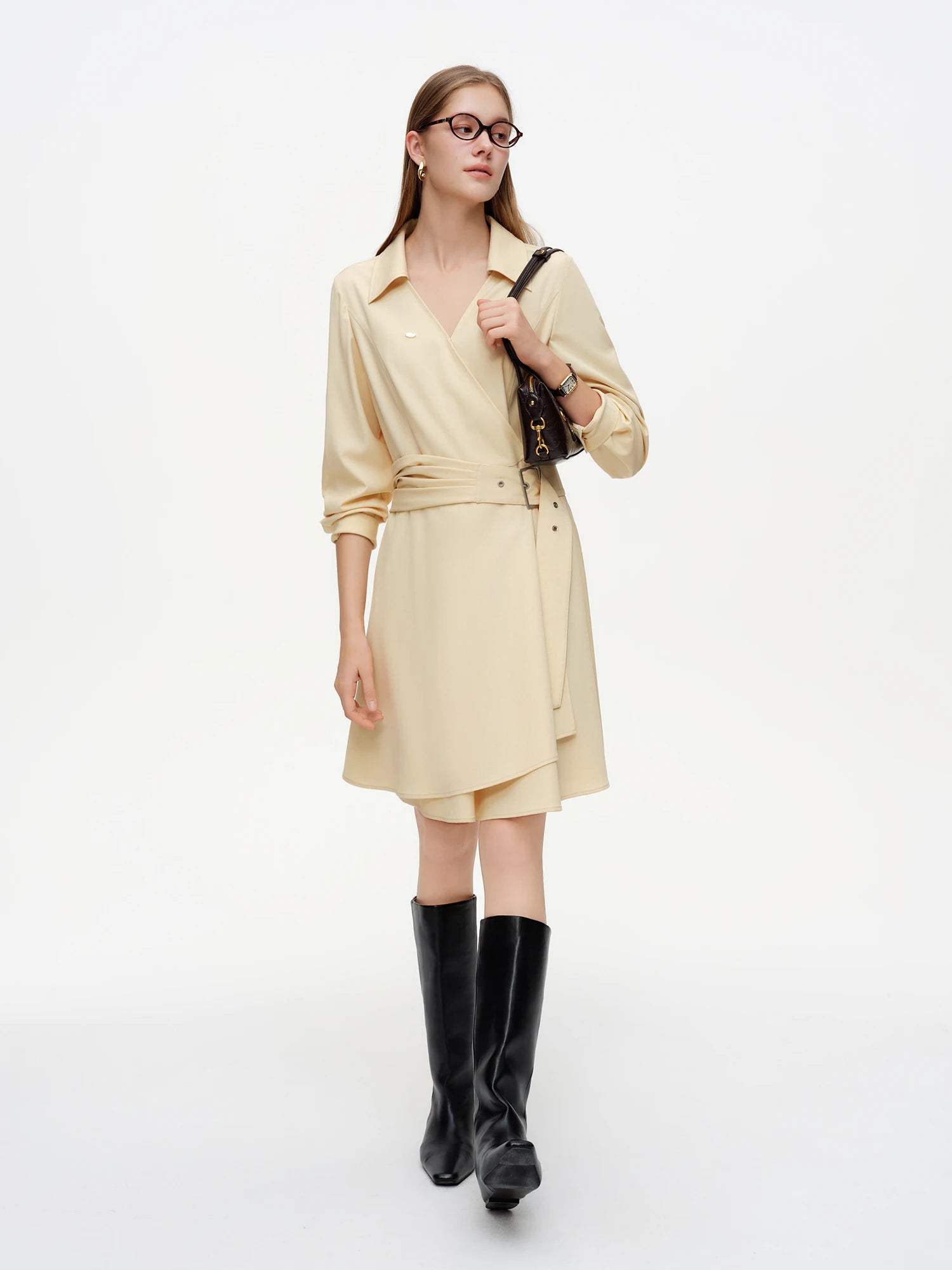 DUSHU Fashion Commute Wrap Dress with Waist Tie Slim Fit Long Sleeve Bodycon Midi Dress, Office Chic Designer Women Dress