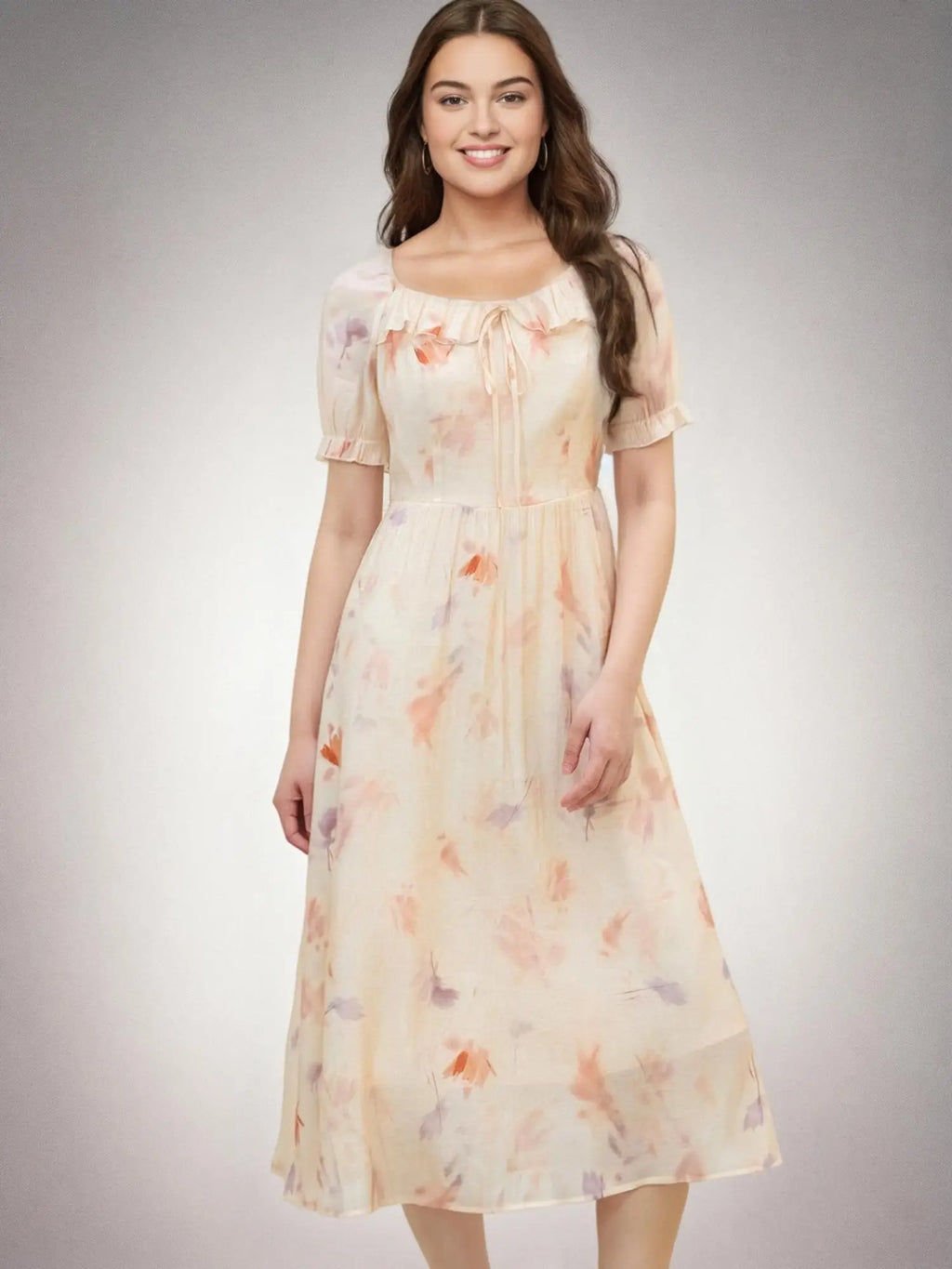 DUSHU Plus Size Floral Tiered Dress 2025 Summer French Style Square Neck Slimming Fit Waist-Defining Resort Casual Elegant Maxi