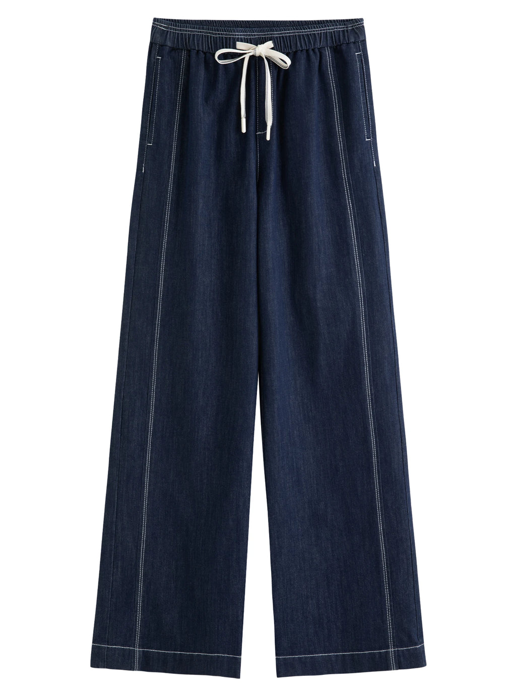 DUSHU 2026 Spring Women's Contrast Topstitching Straight Leg Jeans, Elastic Drawstring Waist Casual Pants for Y2K Street Style