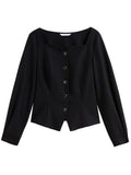 DUSHU Office Lady Women's French Square Collar Simple Retro Blouse 2025 Spring New Style Casual Loose Shirts 25DS81297