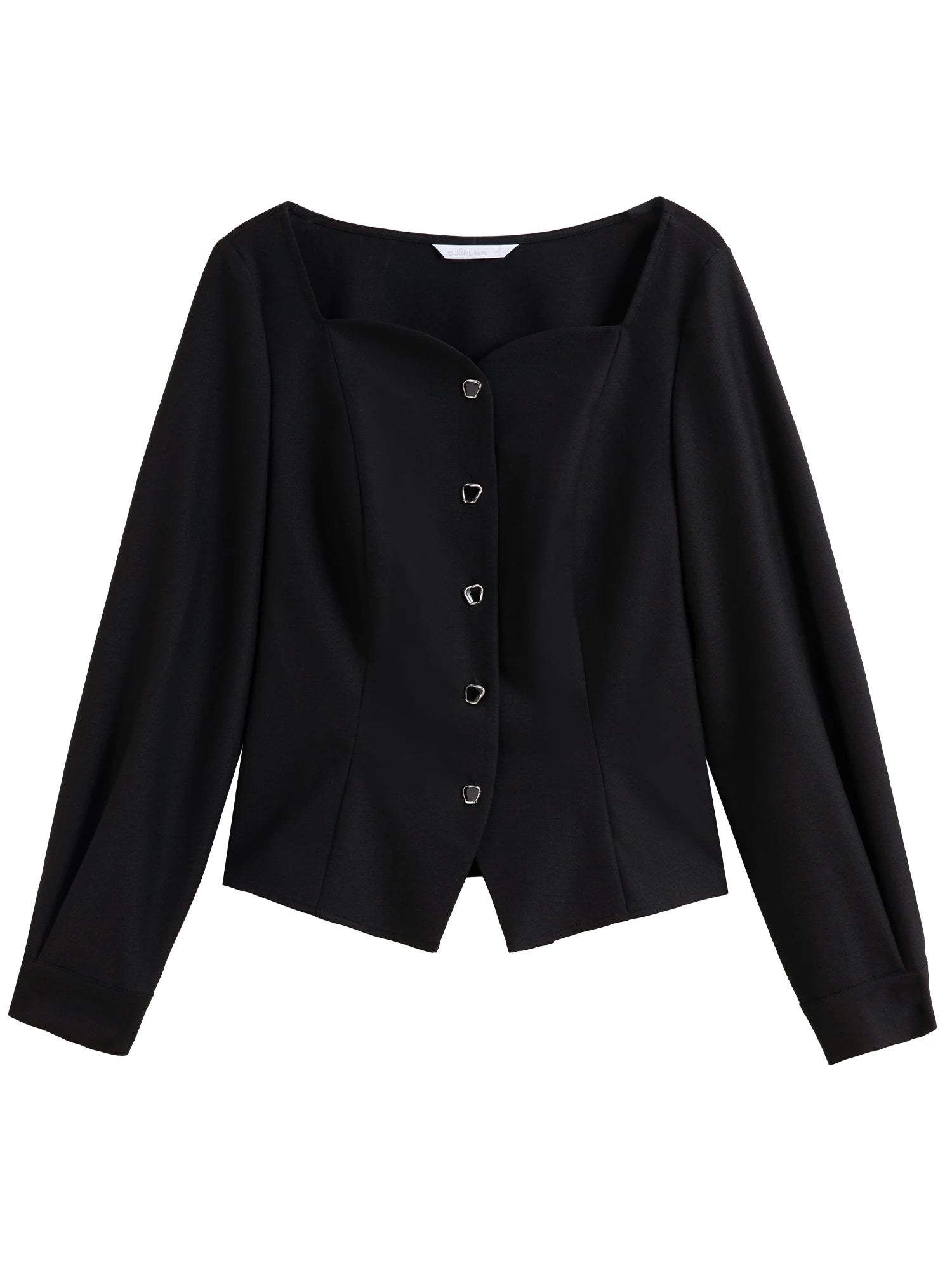 DUSHU Office Lady Women's French Square Collar Simple Retro Blouse 2025 Spring New Style Casual Loose Shirts 25DS81297