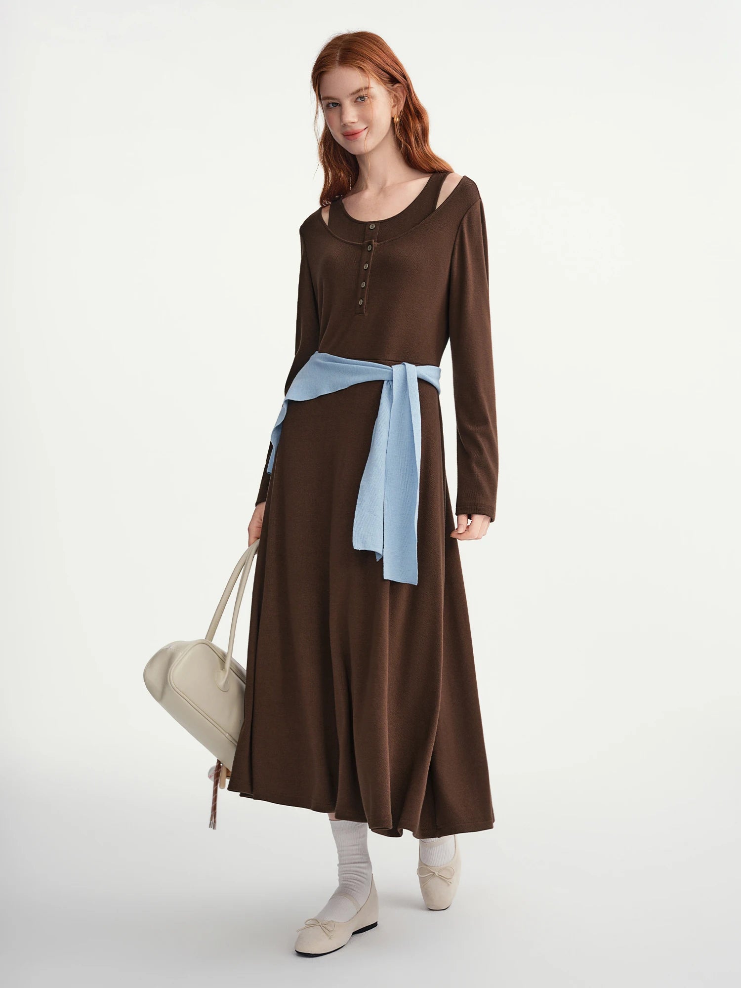 DUSHU Plus Women's Oat Coffee Two-Piece Styled Slim Fit Winter Layering Dress Plus-Size Slimming Stylish Retro-Inspired Design