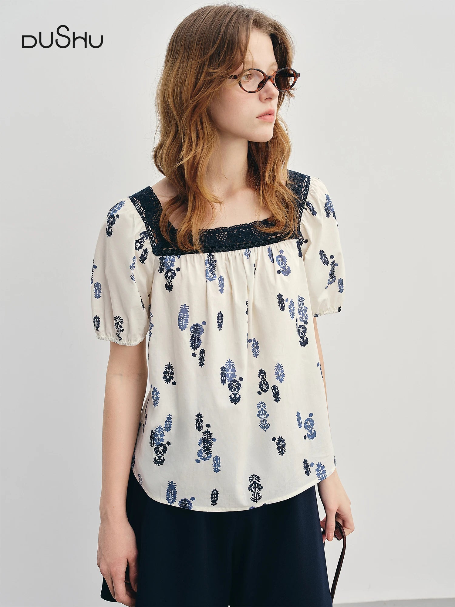 DUSHU Plus-Size Women's French Lace Square neckline Short Sleeve Blouse - 2025 Summer Collection Slimming Fit Blouse 25DS88035