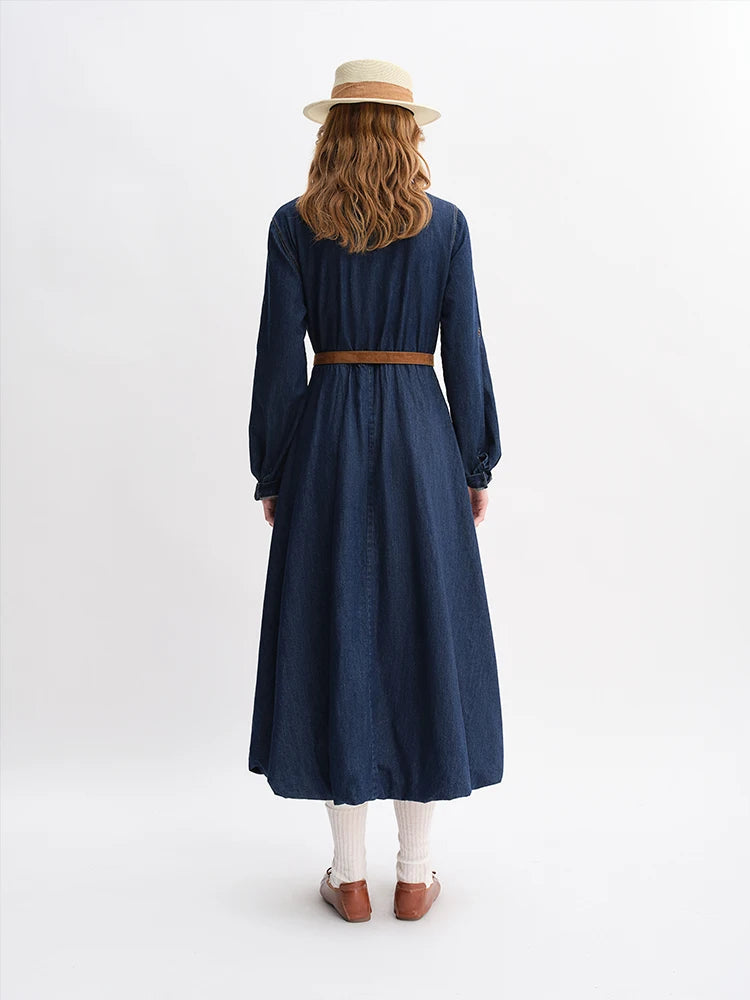 DUSHU Autumn 2025 Women's Denim Dress - Elegant Bouffant Hem Flowy Maxi Dress Casual Daily Wear Empire Waist Floral Print