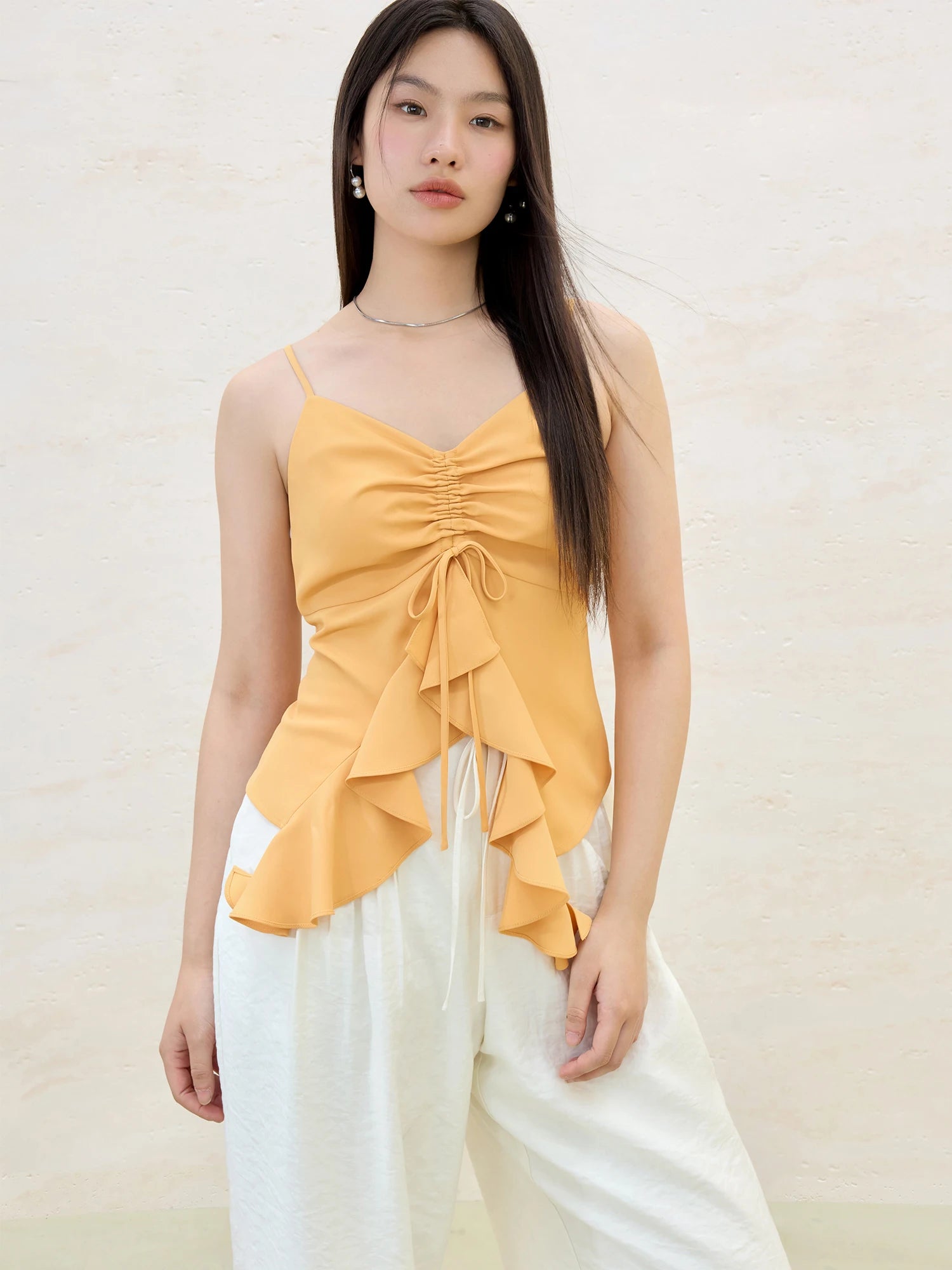 DUSHU Solid Color Irregular Ruffle Drawstring Strappy Top 2025 Summer New Style Fashionable All-match Vest for Women 25DS82067
