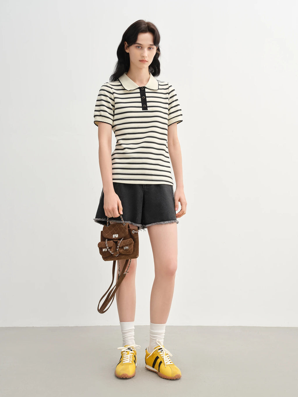 DUSHU 2025 Summer Women's Striped Knit Top - Button Collar Office Chic & Breathable Casual Versatility Casual T-Shirts 25DS82715