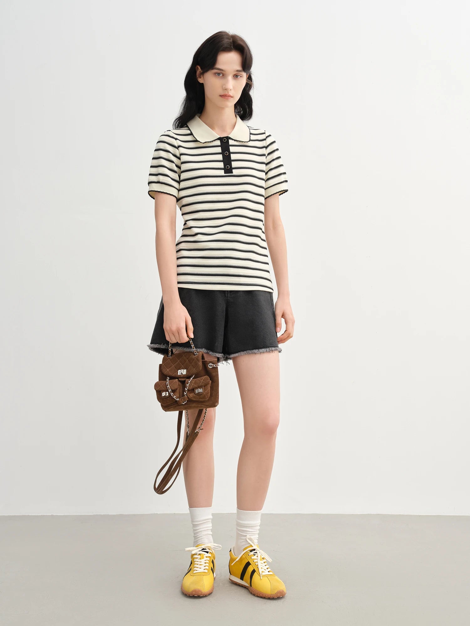 DUSHU 2025 Summer Women's Striped Knit Top - Button Collar Office Chic & Breathable Casual Versatility Casual T-Shirts 25DS82715