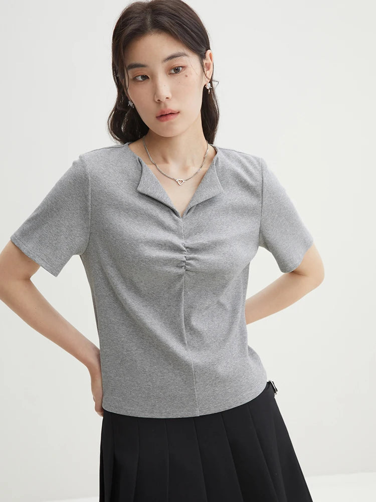 DUSHU【2 Colors】Women Simple Pleated Lapel Short-sleeved T-shirts Summer Front Shoulder Thin Knitted Grey Tees 24DS82113