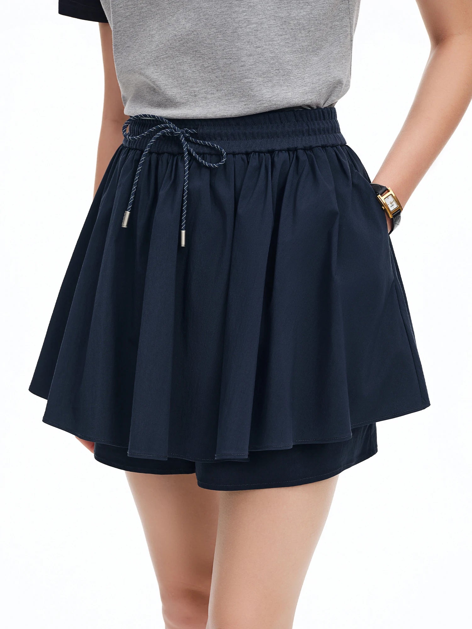 DUSHU Drawstring Pleated White Mini Skirt for Women 2026 Summer Fresh Preppy Style Simple Youthful Trendy Chic Korean