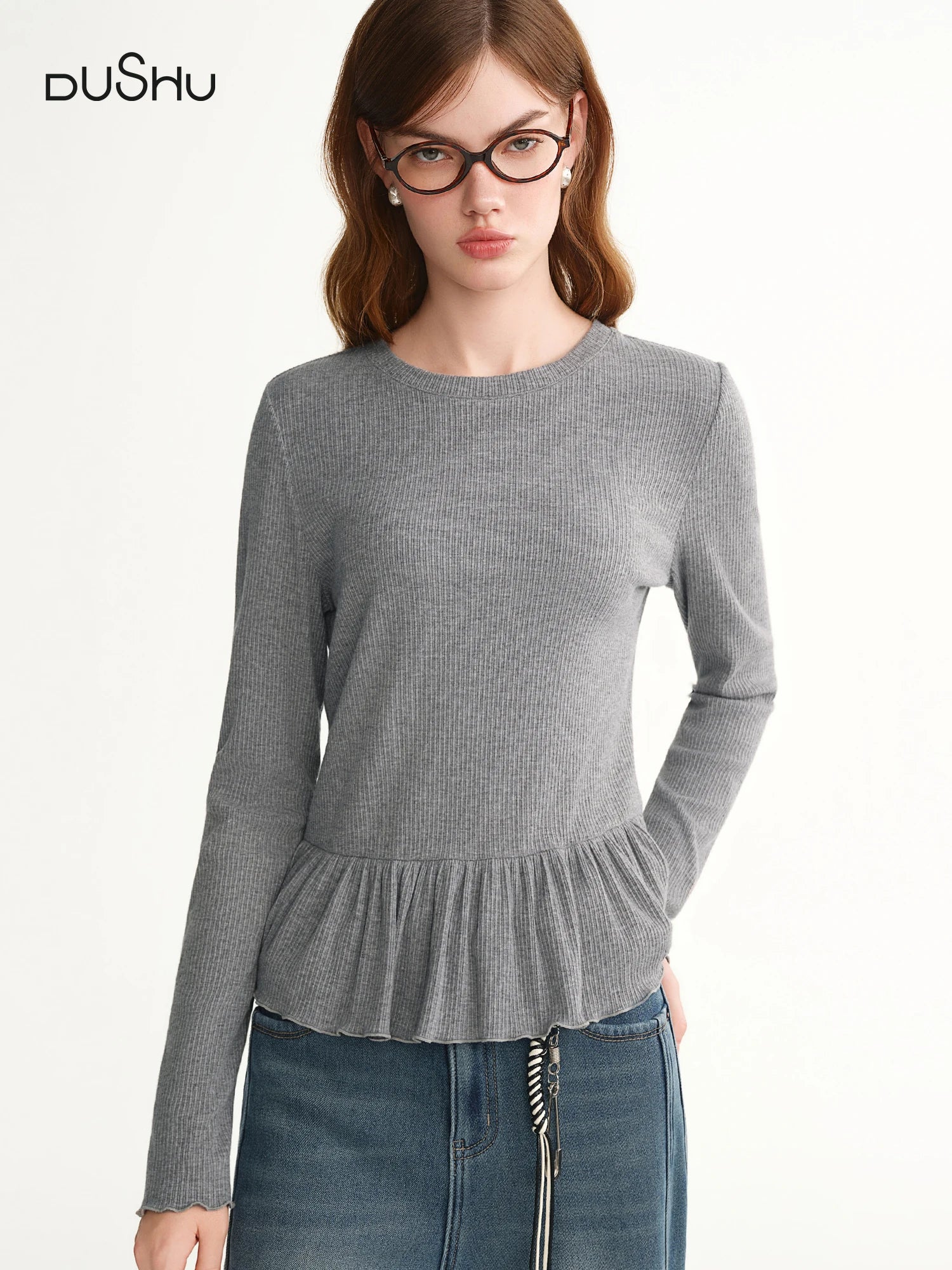 DUSHU 2025 Winter Plus Size Ruffle Trim Round Neck Knit Top Women's Slimming Baselayer Turtleneck Casual Blouse Casual Looks