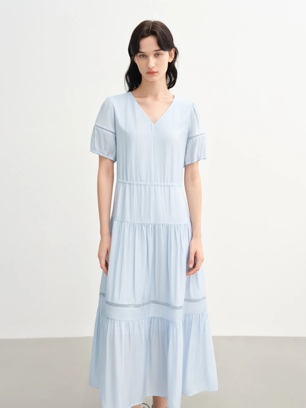 DUSHU 2025 Summer Women's Curve-Flattering Tiered Hem Dress - French-Inspired Design & Breathable Linen for Hourglass Silhouette
