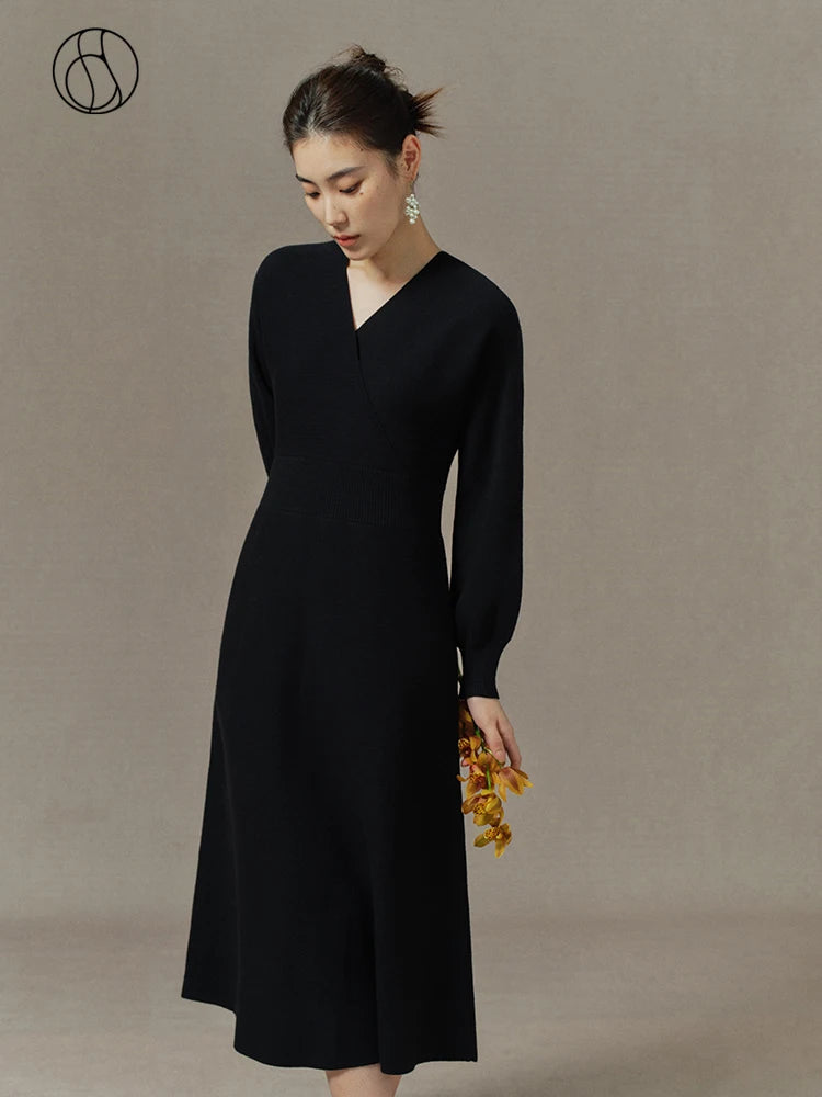 DUSHU Office Lady Women's Hepburn Style Style V-Neck Knitted Dress Autumn Winter New Slim Black Dress For Women High Waist
