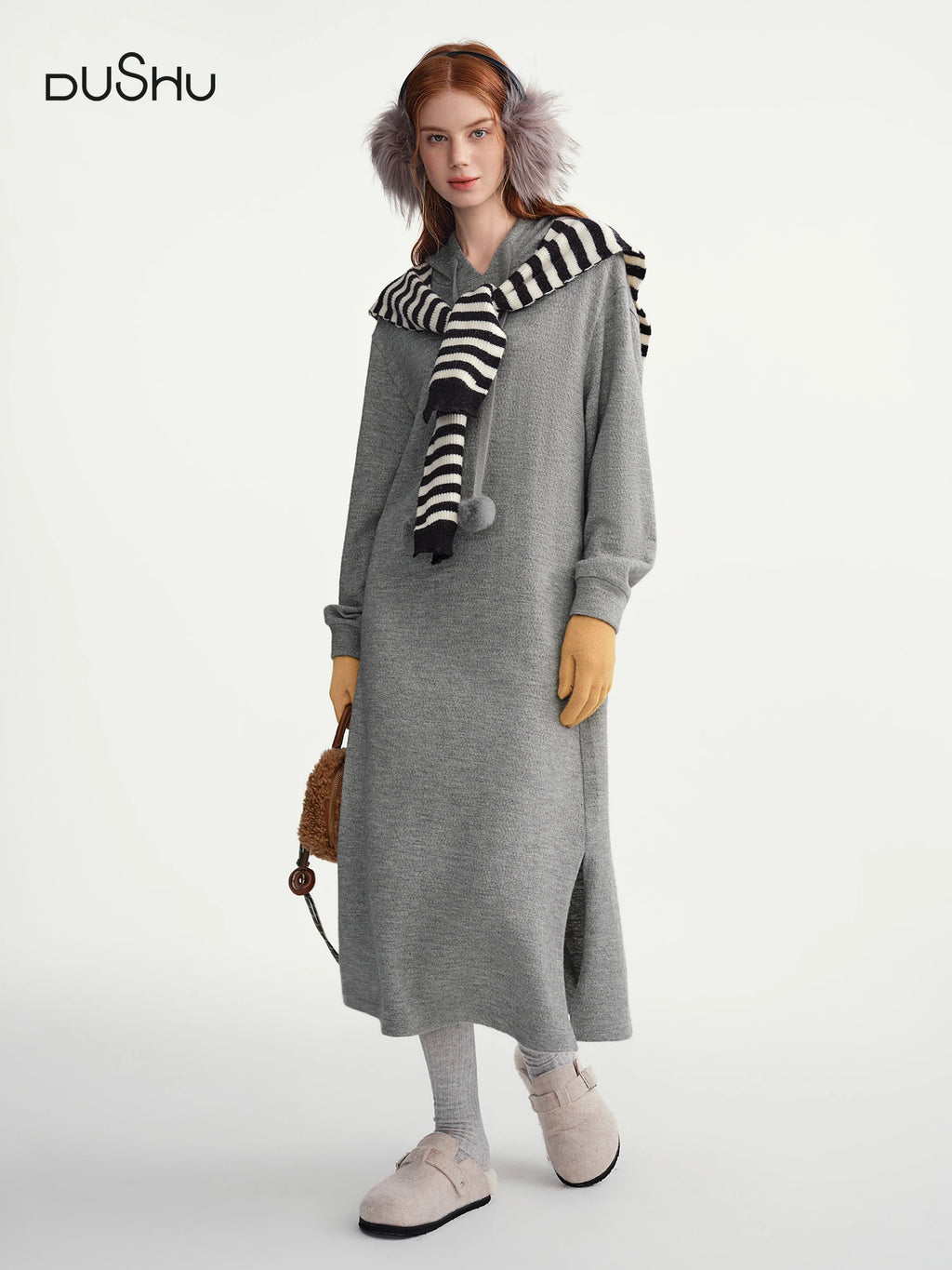 DUSHU 2025 Winter Women's Pom Pom Hooded Knit Dress with Drawstring Waist - Casual Long Sleeve Tunic Dress for Daily Wear