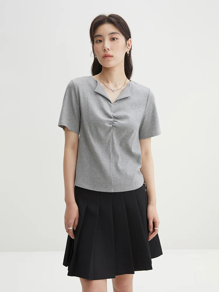 DUSHU【2 Colors】Women Simple Pleated Lapel Short-sleeved T-shirts Summer Front Shoulder Thin Knitted Grey Tees 24DS82113
