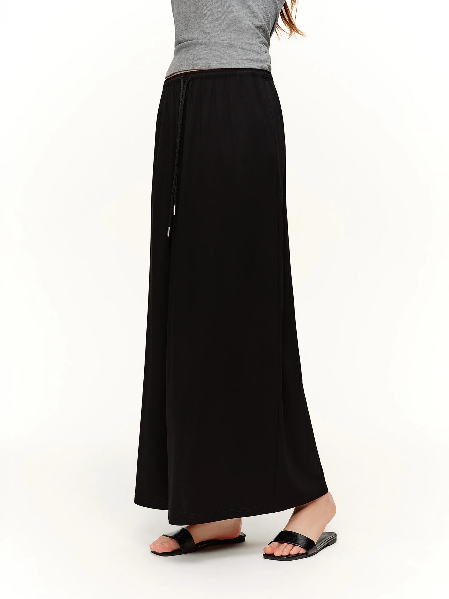 DUSHU Twilight Series Belted Flowing Straight-Cut Skirt 2026 Spring New Arrival Black Slimming Design Long Lenghth Loose Skirts
