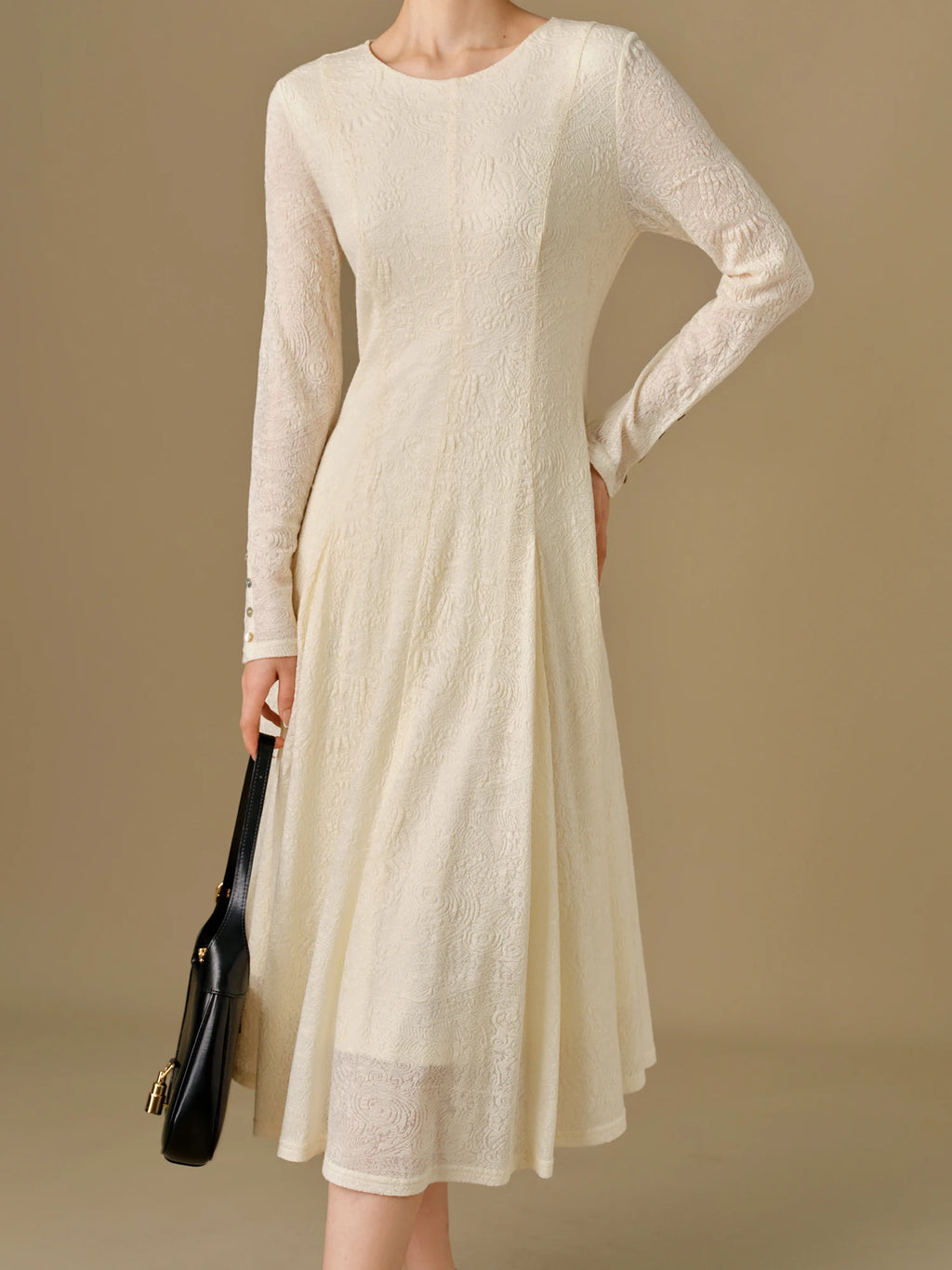 DUSHU 12.3% Wool Women Dress Winter Thicken Long Sleeve Beige X-LINE Dresses Office Lady Round Neck Long Dress 24DH84029