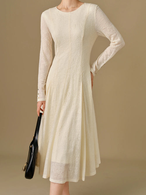 DUSHU 12.3% Wool Women Dress Winter Thicken Long Sleeve Beige X-LINE Dresses Office Lady Round Neck Long Dress 24DH84029